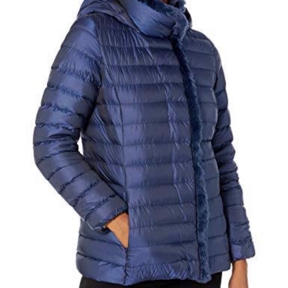 Cole Haan Down Quilted Puffer Hooded Jacket Faux Fur Trim Iridescent Blue Sz XS - Picture 16 of 16